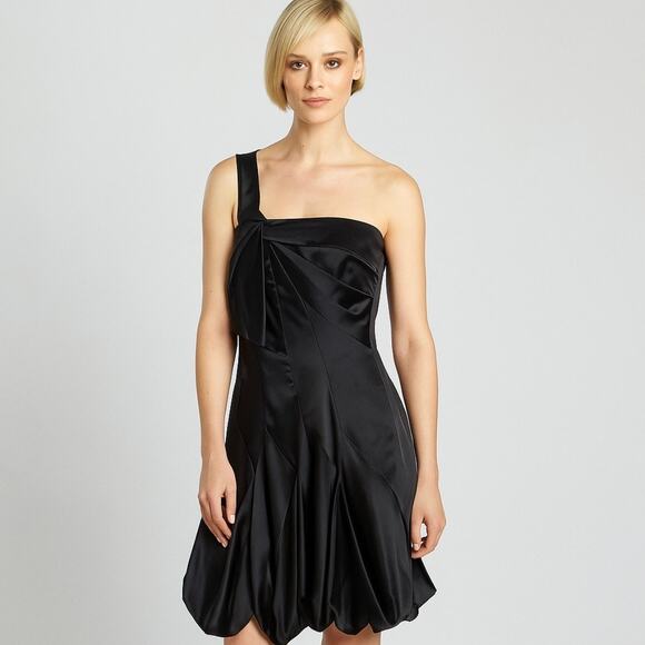 Karen Millen Black Silk One Shoulder Pleated Handkerchief Skirt Cocktail Dress - Picture 1 of 8